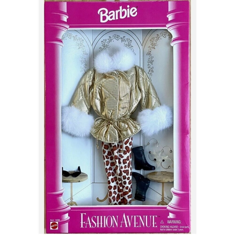 Vintage NIP 1995 Barbie Fashion Avenue Gold Parka Leopard Pants Boots Shades